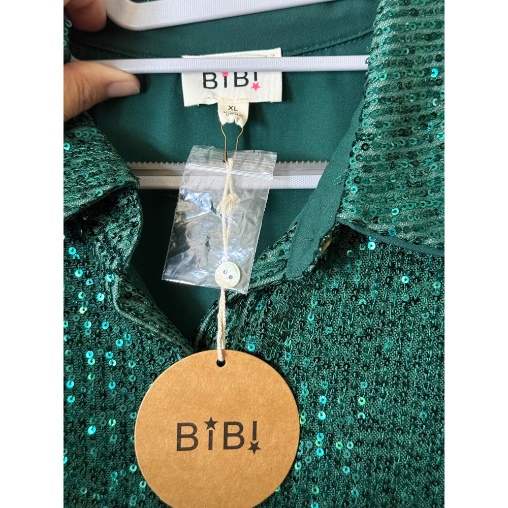 BIBI Emerald Green Sequin Button Down Shirt Long Sleeve Top XL Holiday Top - Picture 4 of 10